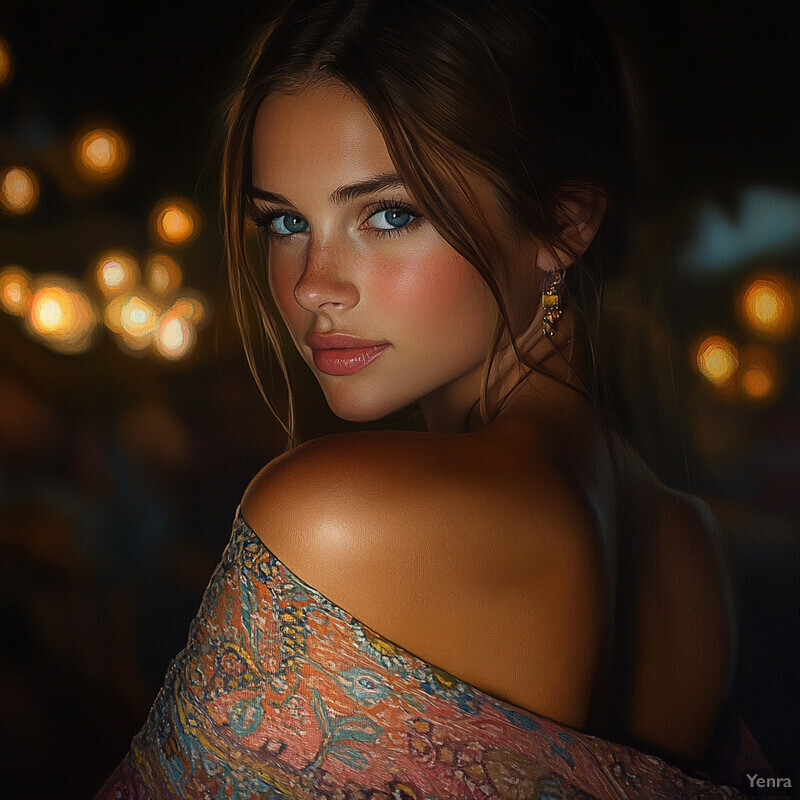 A woman with long brown hair and blue eyes poses for the camera, wearing an off-the-shoulder dress with intricate patterns.