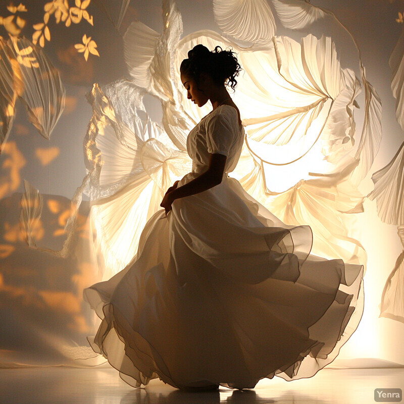 A woman in a white dress stands in front of a floral-patterned wall, exuding refinement and poise.