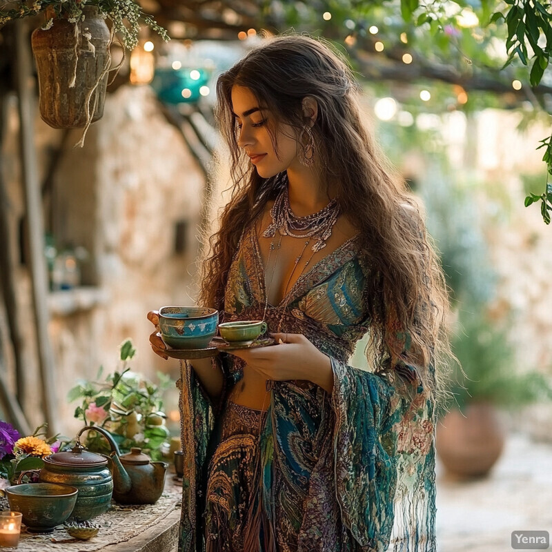 A woman stands in front of a rustic stone wall, surrounded by greenery and flowers, wearing a flowing white gown with intricate lace details.