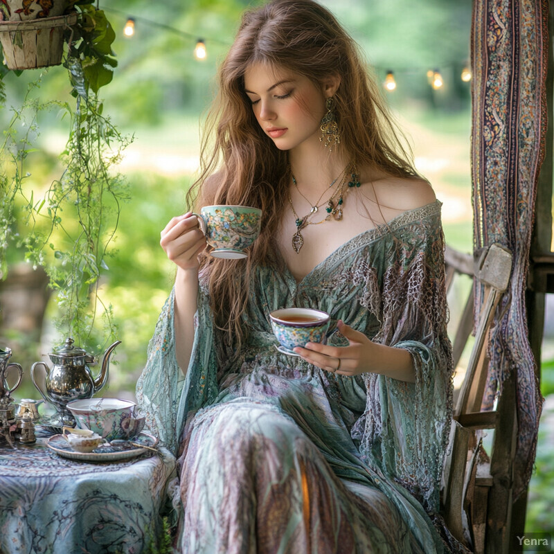 A woman enjoys tea in an outdoor setting, surrounded by lush greenery and fine china.