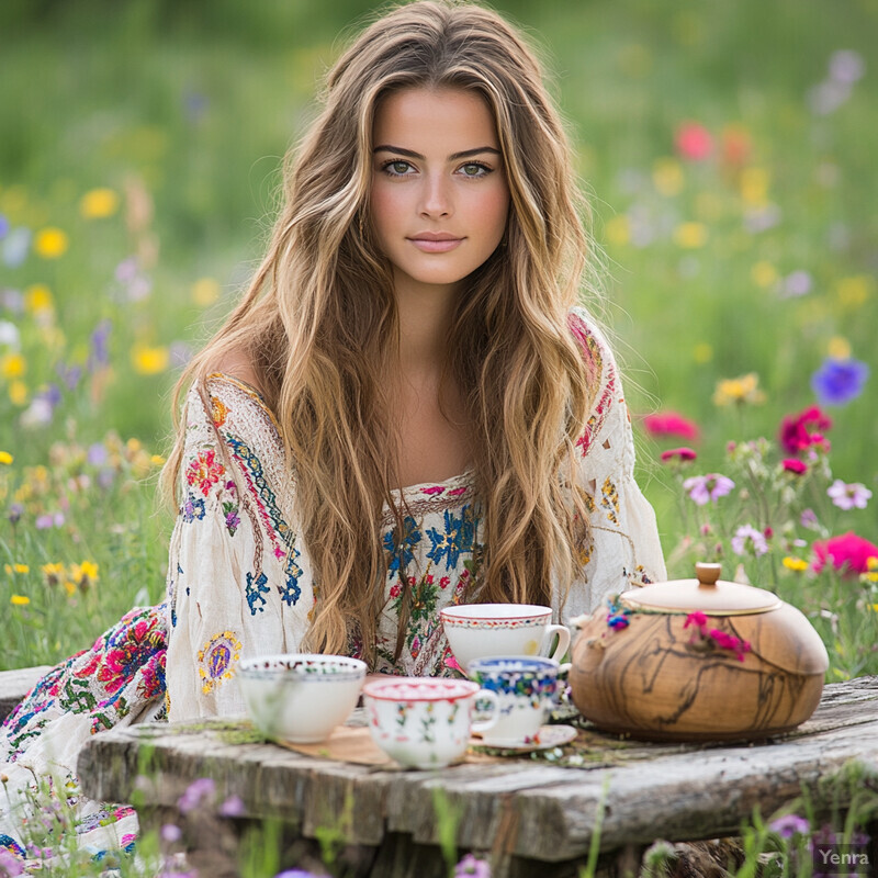 A woman enjoys tea in a field of wildflowers