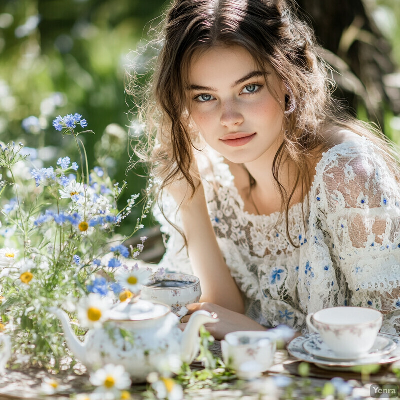 A woman enjoys a serene picnic in a lush garden setting.