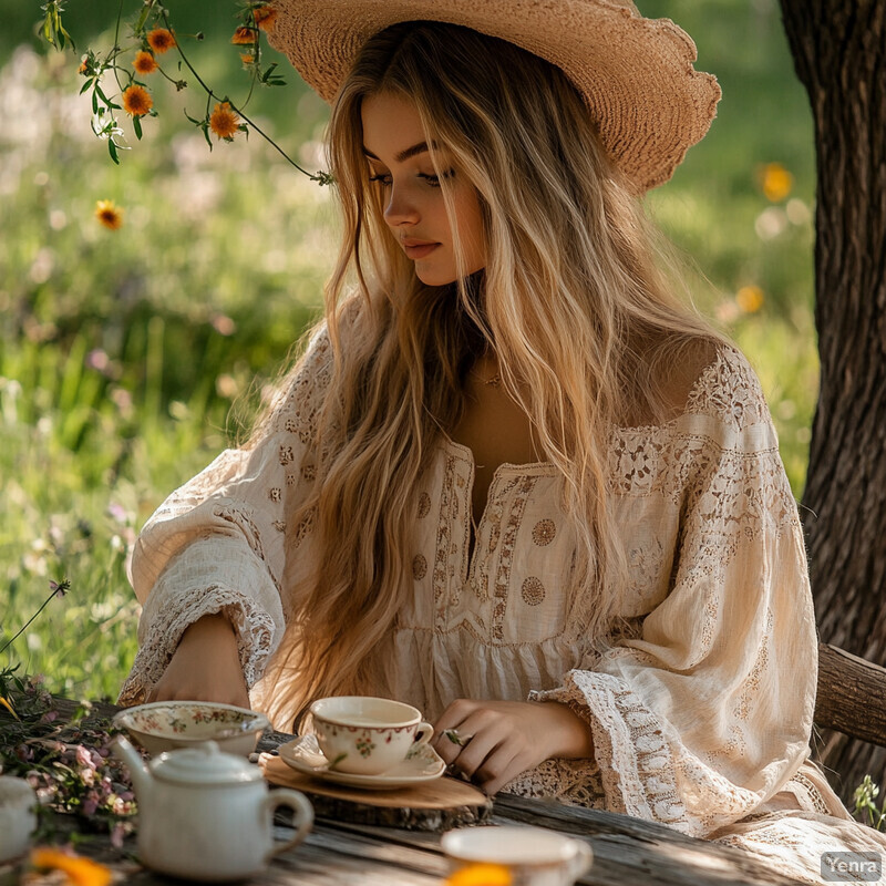 A serene and idyllic scene of a woman enjoying a picnic in a lush garden setting.