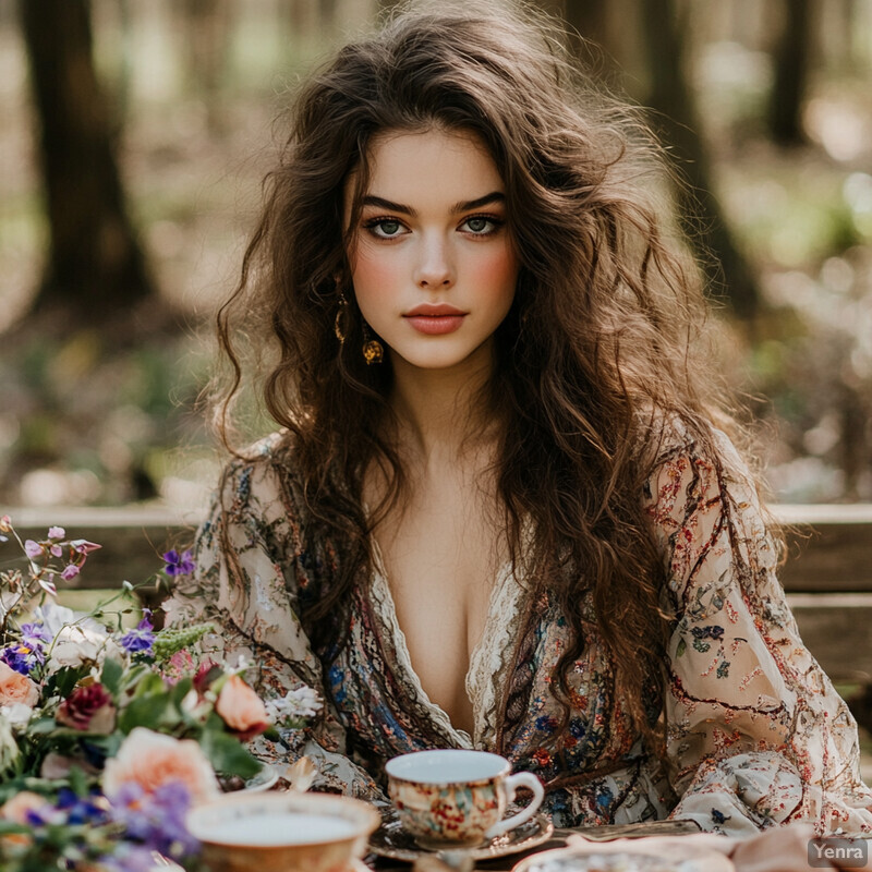 A serene outdoor setting with a woman enjoying a bohemian-style picnic surrounded by lush greenery and vibrant flowers.