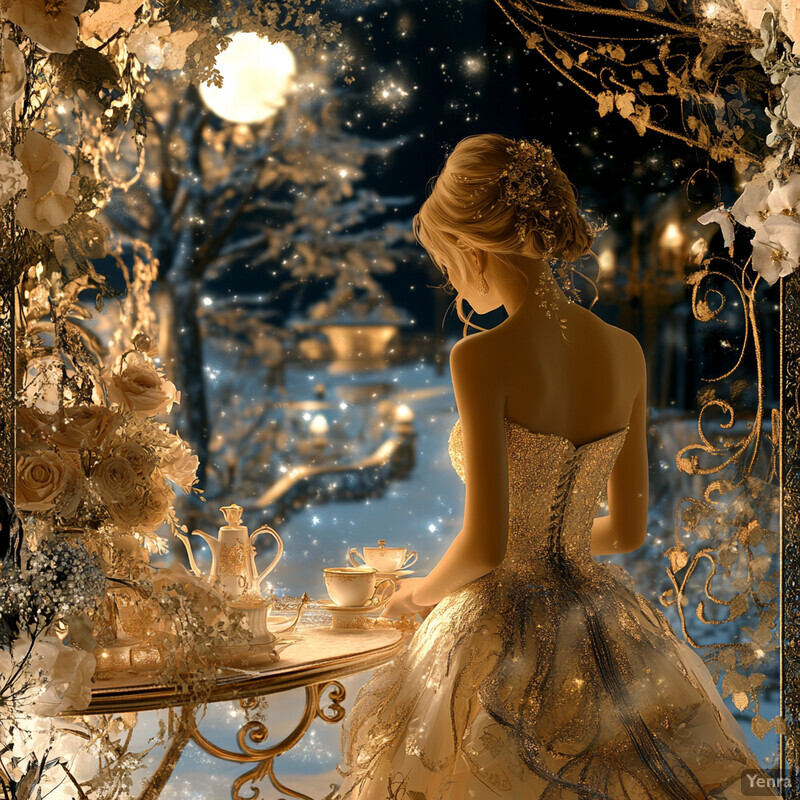 A woman in a gold dress stands at a table with tea sets and flowers, gazing out of a window into the night sky, surrounded by a serene winter landscape.