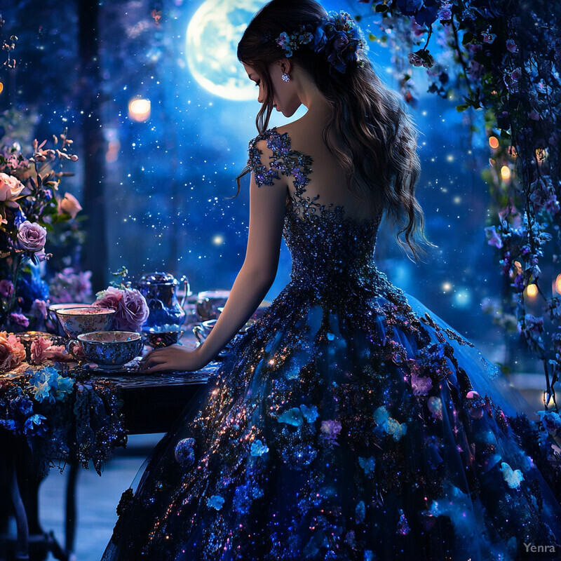 A woman in a celestial-themed gown stands elegantly in front of a table laden with tea sets, surrounded by a vibrant background featuring a large window offering a breathtaking view of the night sky.