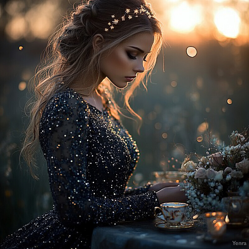 A woman enjoys tea in a tranquil setting, surrounded by fine china and fresh flowers.