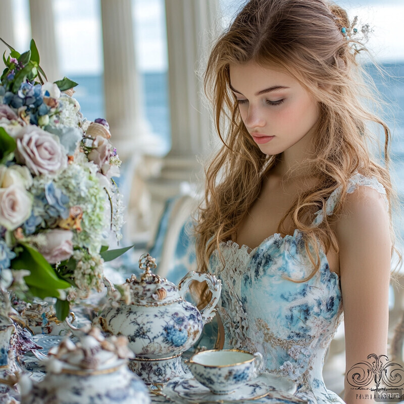 A young woman in a blue and white floral dress stands beside a beautifully set table, surrounded by elegant china and crystal glasses.