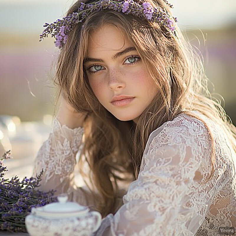 A young woman in a white lace dress with a lavender wreath and a small teapot on a table