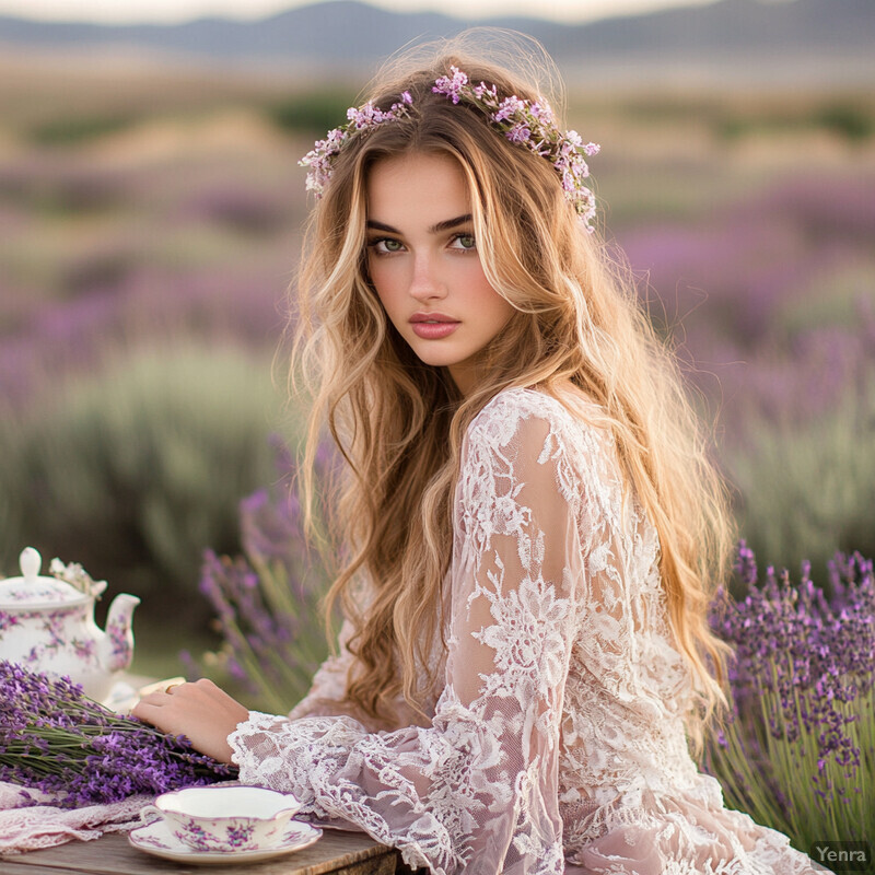 A young woman sits at a table in a field of lavender, surrounded by elegance and refinement.