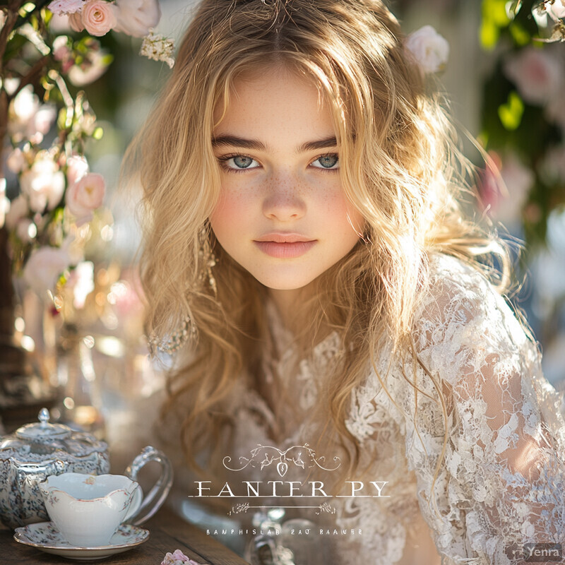 A woman in a white lace dress sits at a table with delicate china, surrounded by lush greenery and vibrant flowers.