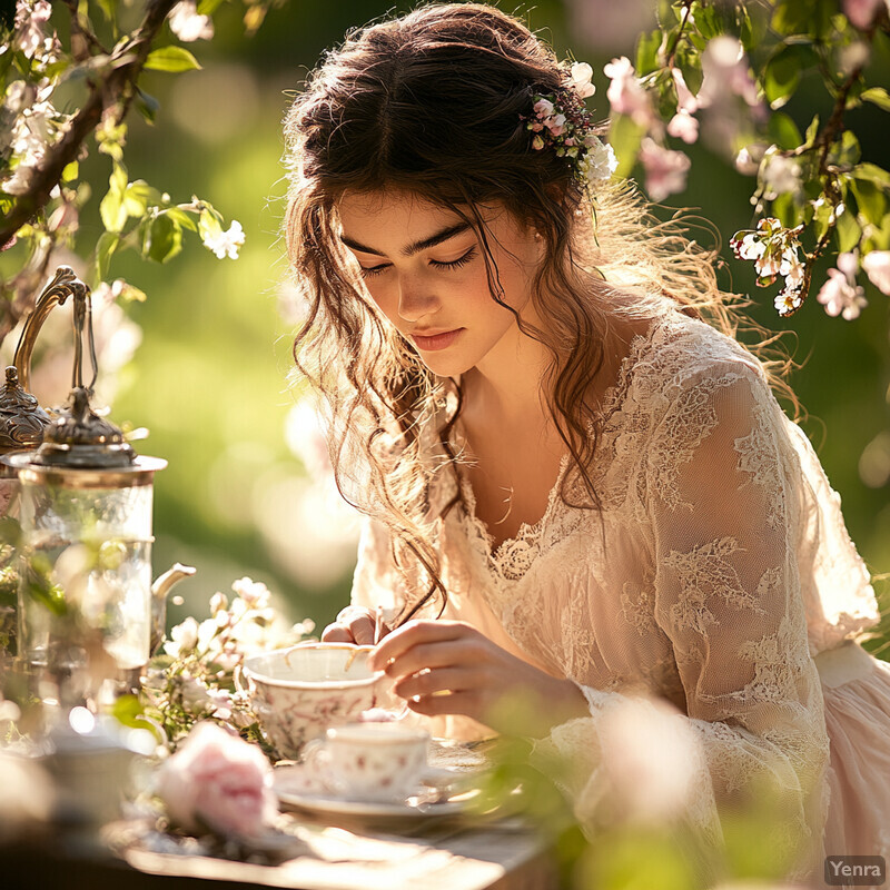 A woman enjoys tea in an enchanted garden setting