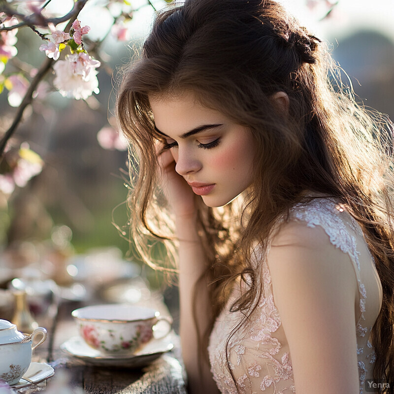 A young woman in a white dress sits at a table with teacups and saucers in an outdoor setting.