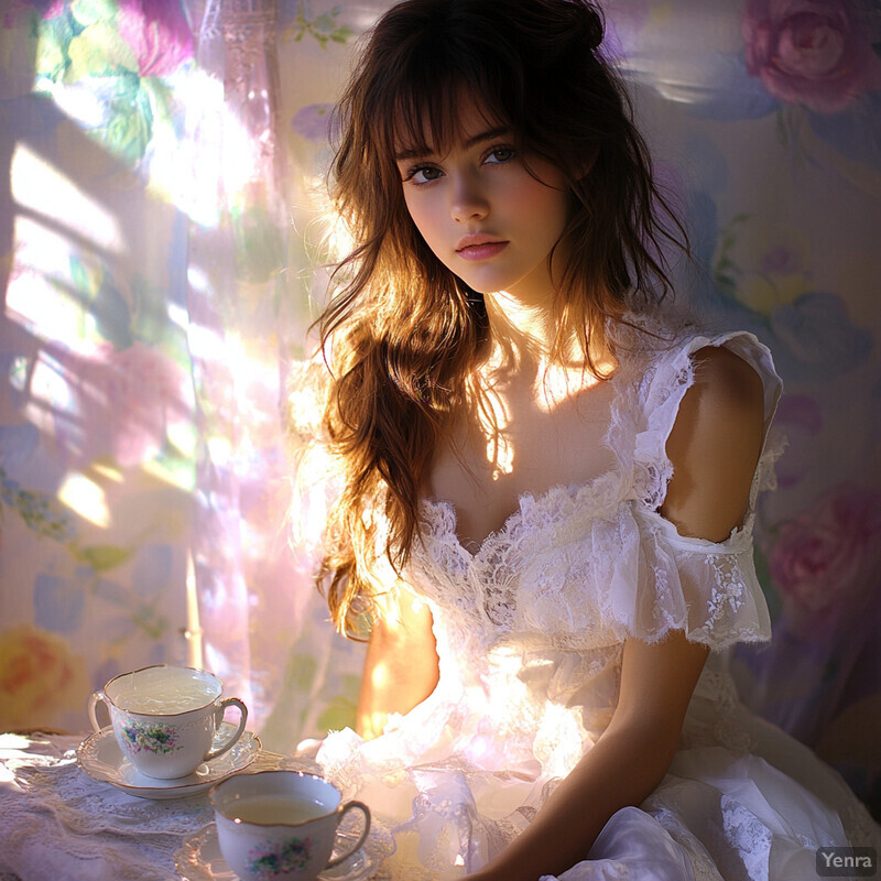 A young woman enjoys a cup of tea in an elegant setting