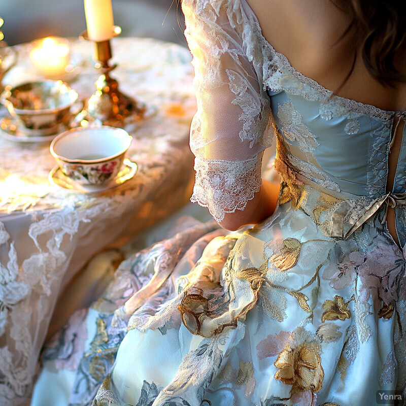 Ethereal woman in floral gown sitting at fine china table with lit candles