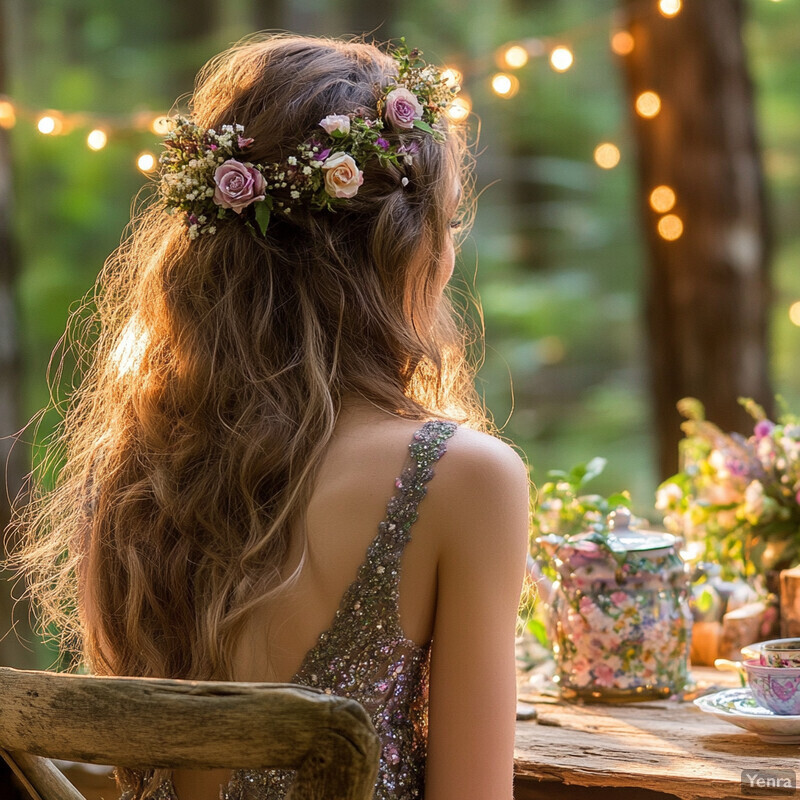 A woman with a floral crown enjoys tea at an outdoor table