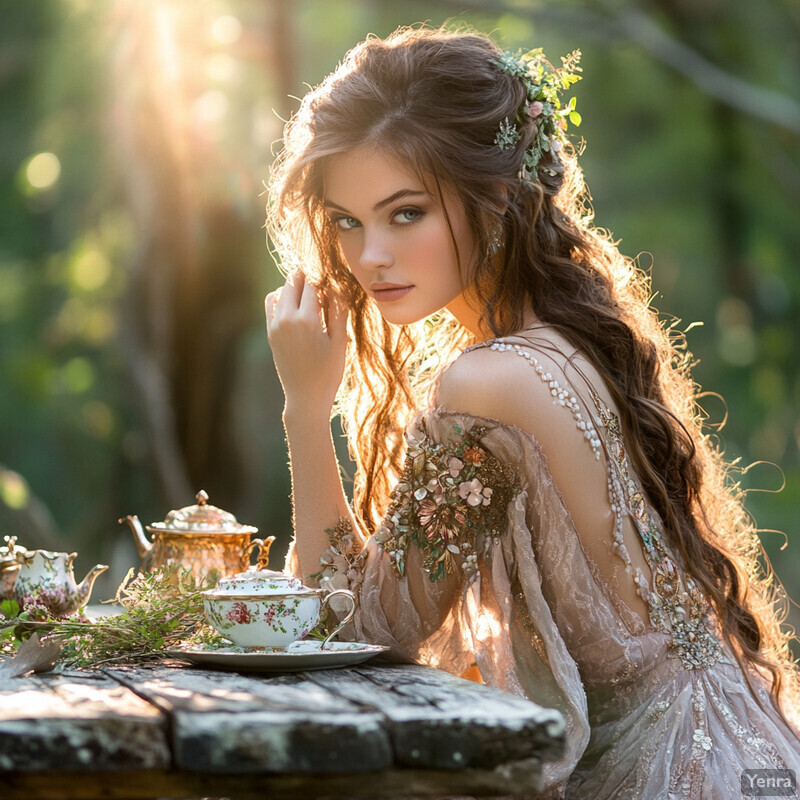 A serene forest setting with a woman enjoying tea at a wooden table