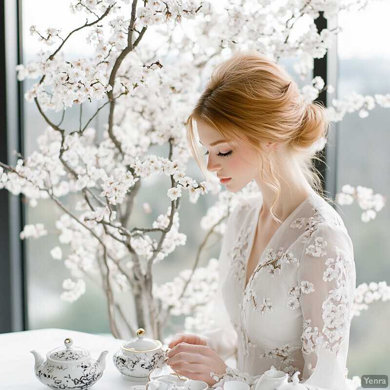 A woman enjoys tea in a minimalist setting with delicate porcelain teaware and a serene atmosphere.