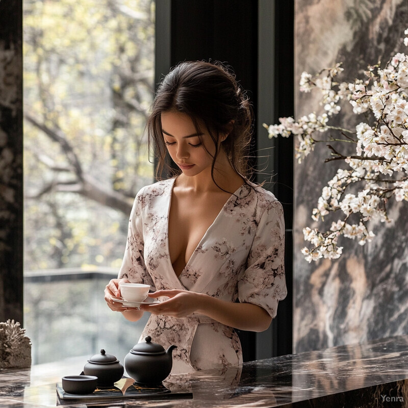 A serene and elegant setting, likely a modern minimalist tea gathering