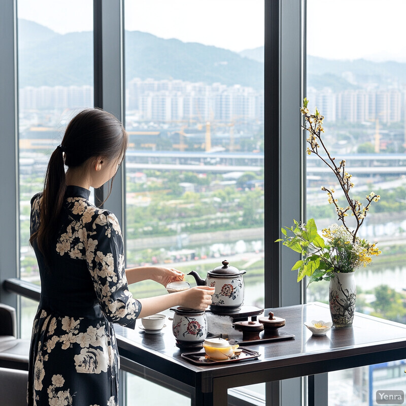 A serene and elegant tea gathering scene set against a stunning view