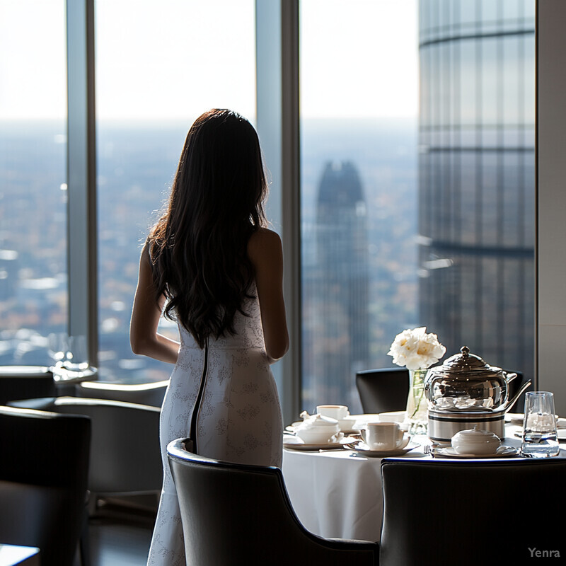 A woman stands in front of a table set for tea, gazing out at the cityscape outside.