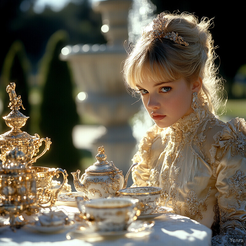 A young woman in an ornate gold dress enjoys a formal tea party in a lush garden setting.