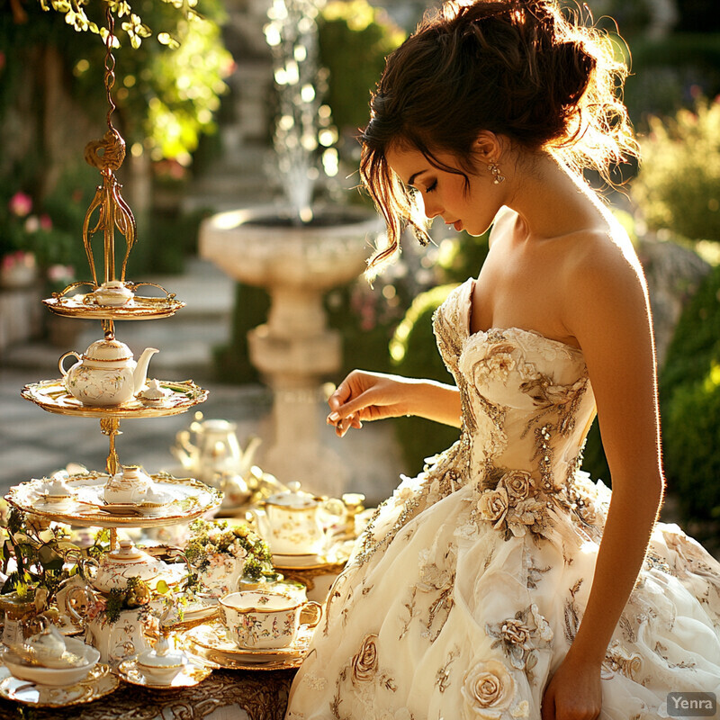 A woman in an ornate garden setting with a lavish tea party setup