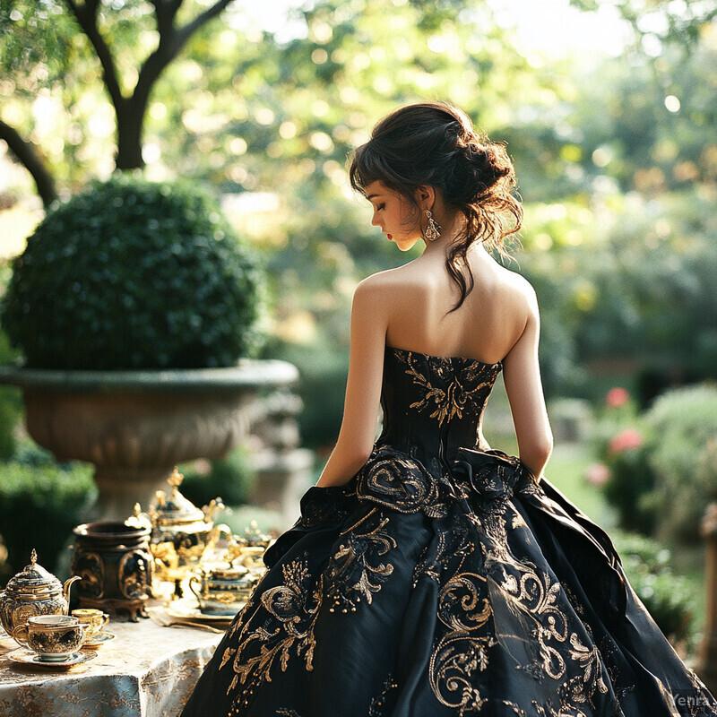 A woman in a black and gold gown admires a table with tea sets and teapots in a serene outdoor setting.