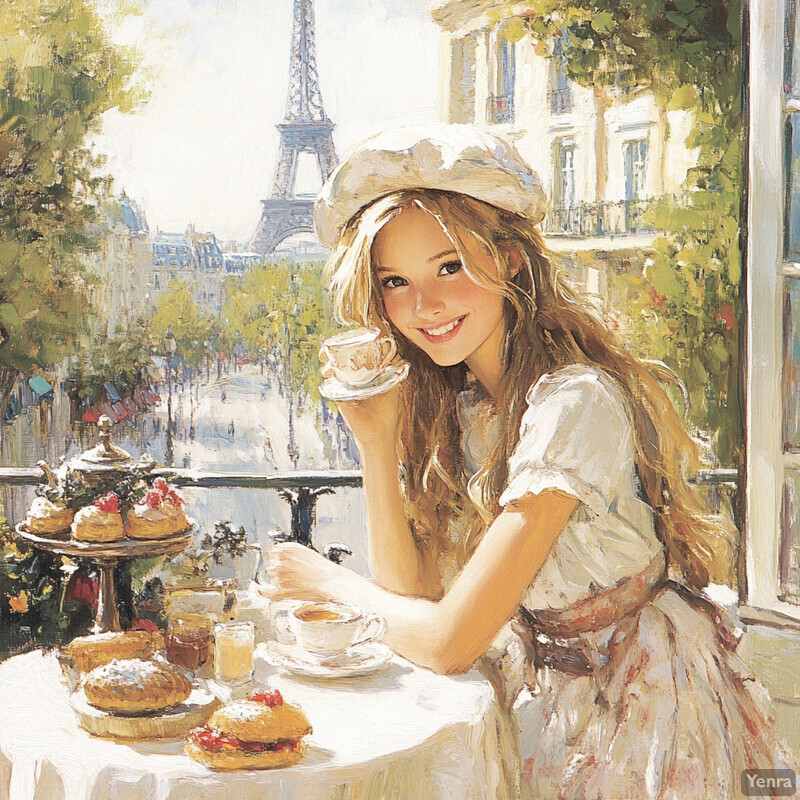 A young woman enjoys tea and pastries on a Parisian balcony overlooking the Eiffel Tower.