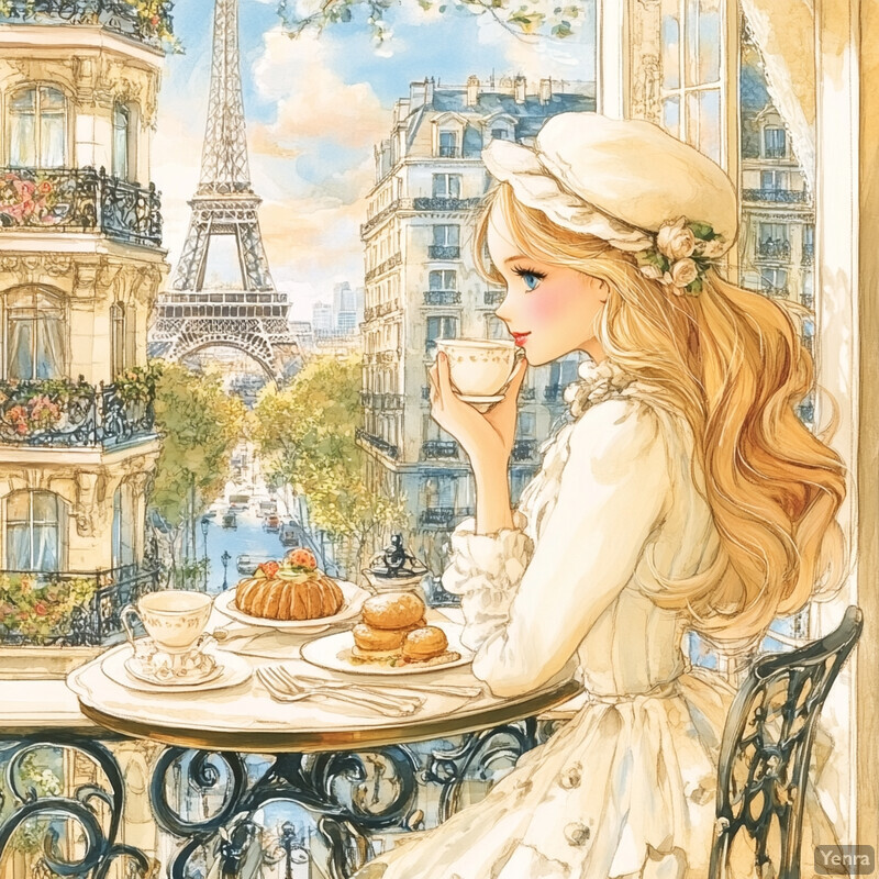 A woman sips tea on a Parisian balcony overlooking the Eiffel Tower, surrounded by sweet pastries and lush greenery.