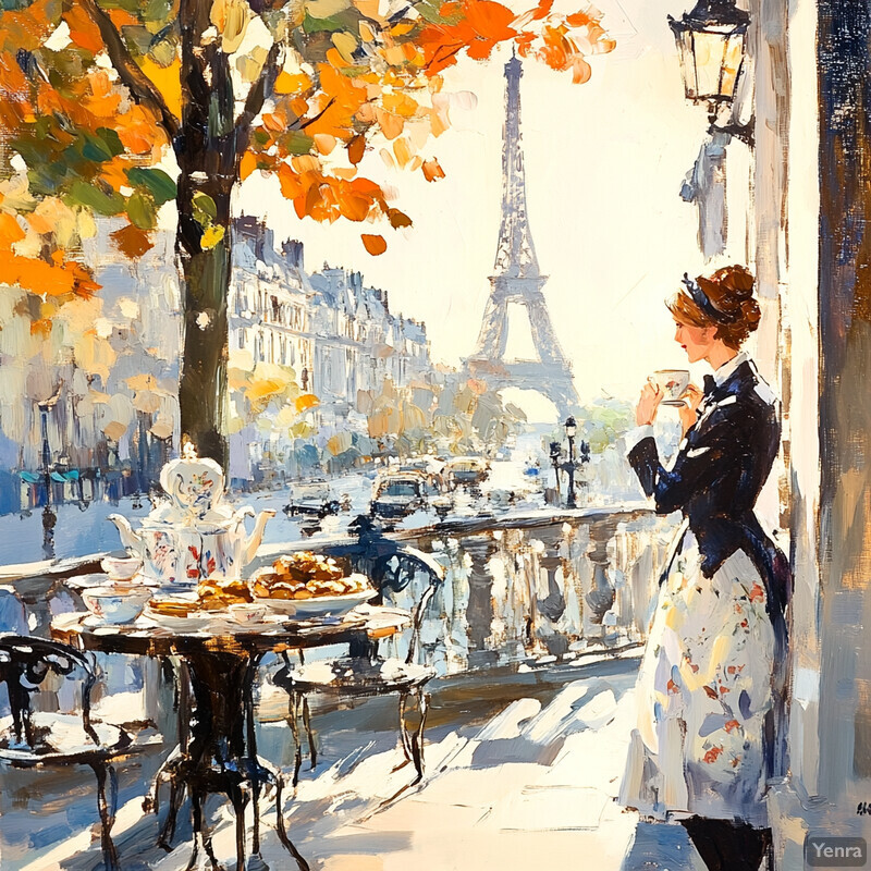 A woman sips tea on a balcony overlooking the Eiffel Tower in Paris.