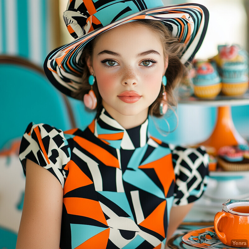 A woman in a retro-inspired outfit poses at a table with tea and treats.