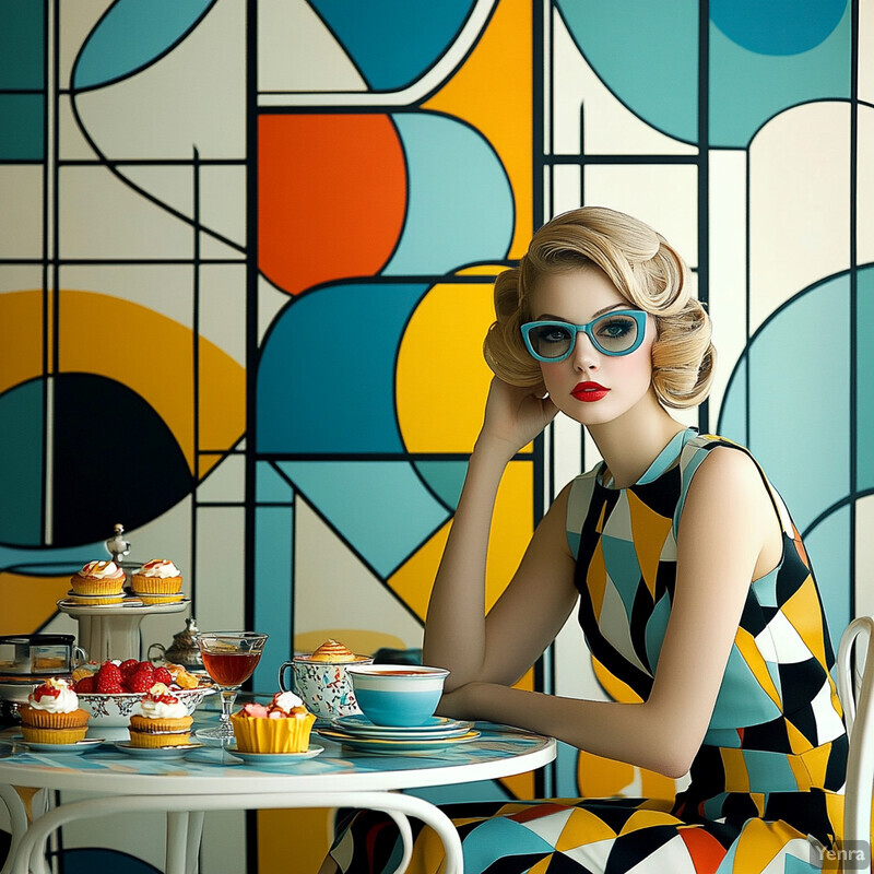 A woman enjoying tea and pastries in front of a colorful abstract wall