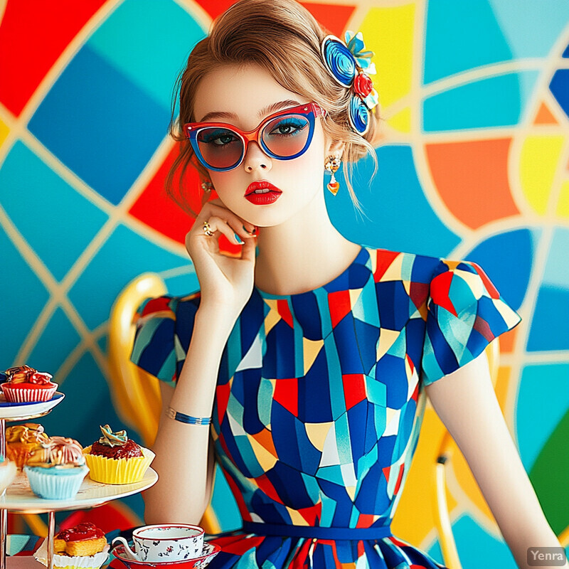 A woman enjoying a tea party in a colorful setting