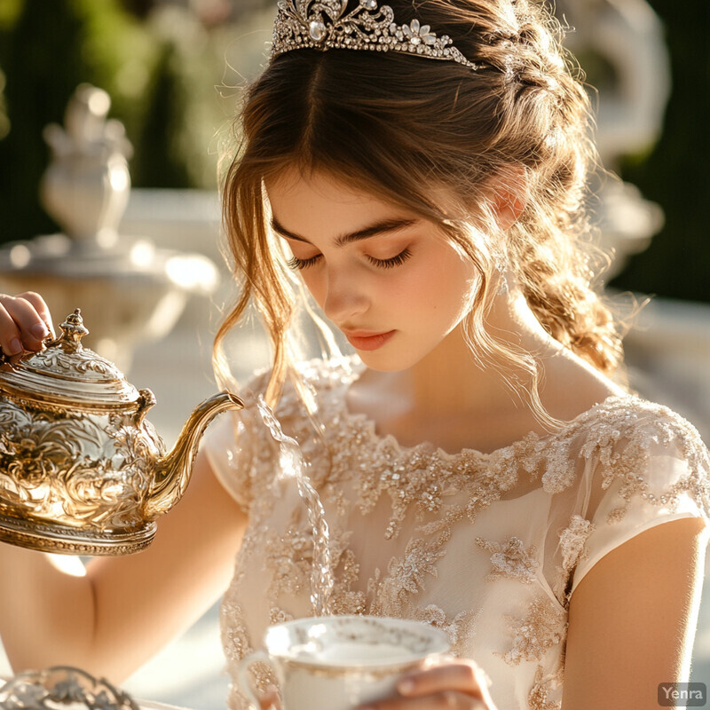 A young woman sits at a table, pouring tea from a golden teapot into a teacup while wearing an elegant white dress with gold embroidery and a matching tiara.