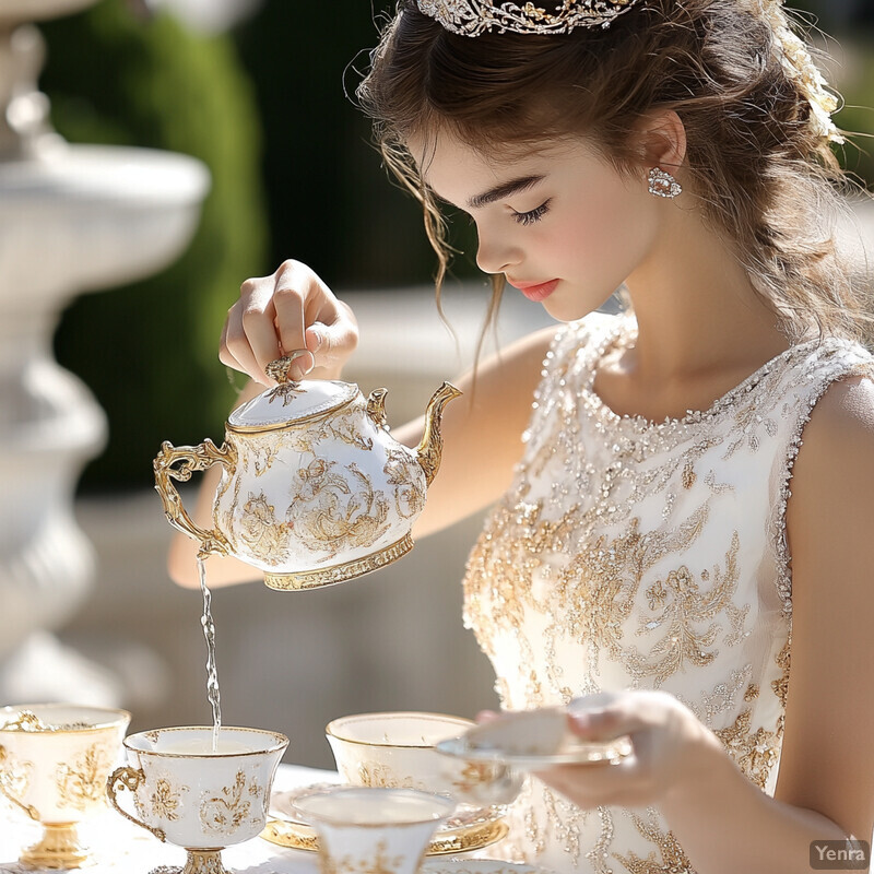 A young woman in a white and gold dress pours tea from a teapot into a cup outdoors.