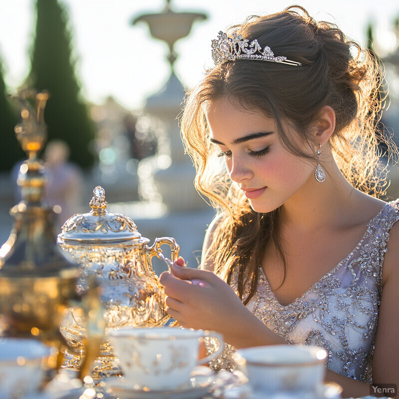 A young woman in a formal gown and tiara sits at a table with fine china and silverware, holding a delicate teacup.