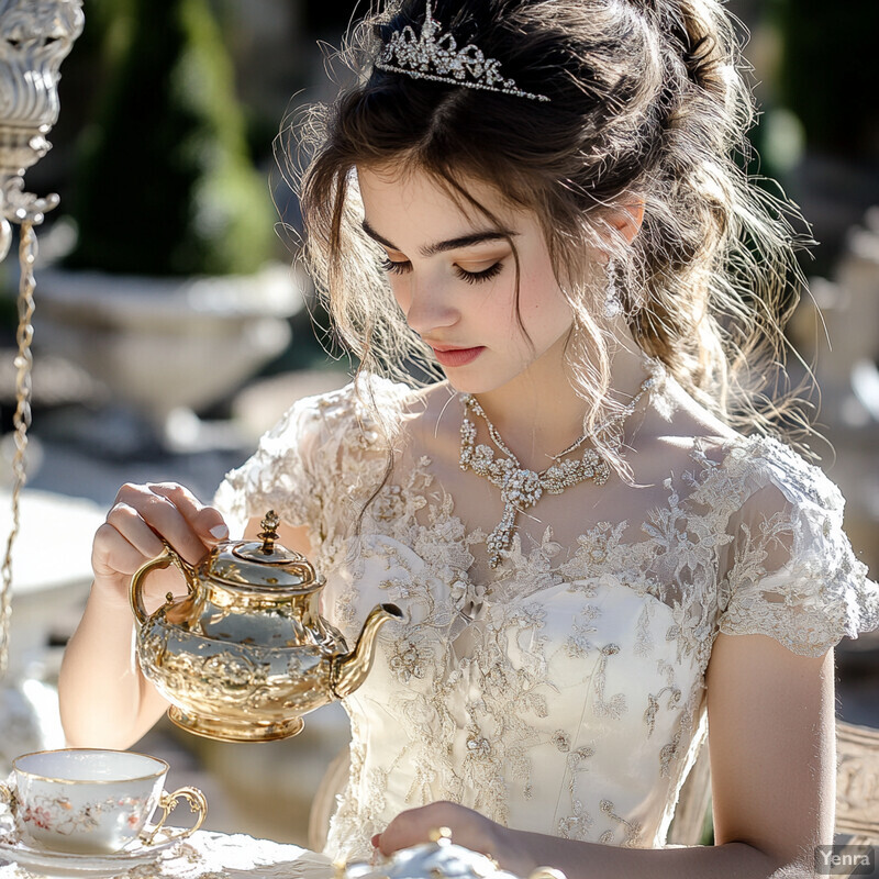 A young woman in a white lace dress enjoys tea and pastries at an outdoor garden party