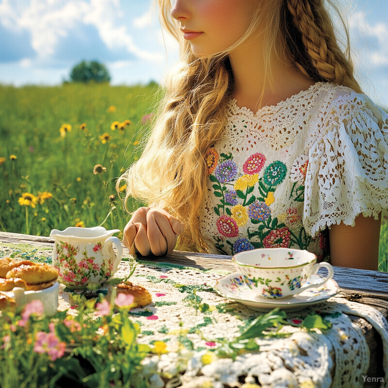 A young girl enjoys a tea party in a field of flowers, surrounded by natural beauty and rustic charm.