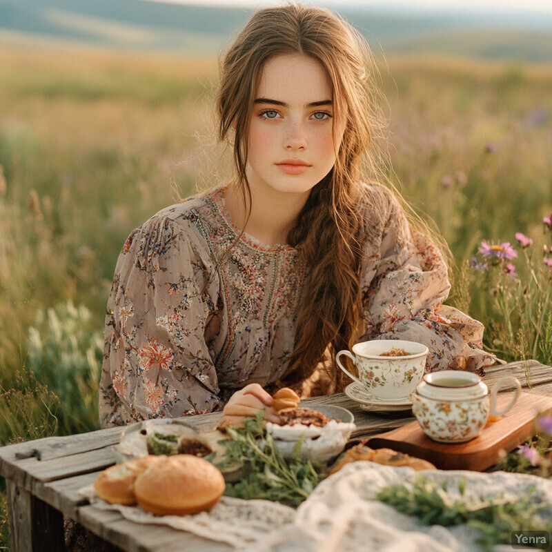 A young woman sits at a wooden table in a lush meadow, surrounded by an assortment of items including teacups, bread rolls, and a savory spread. The scene exudes tranquility and invites the viewer to share in her moment of relaxation.