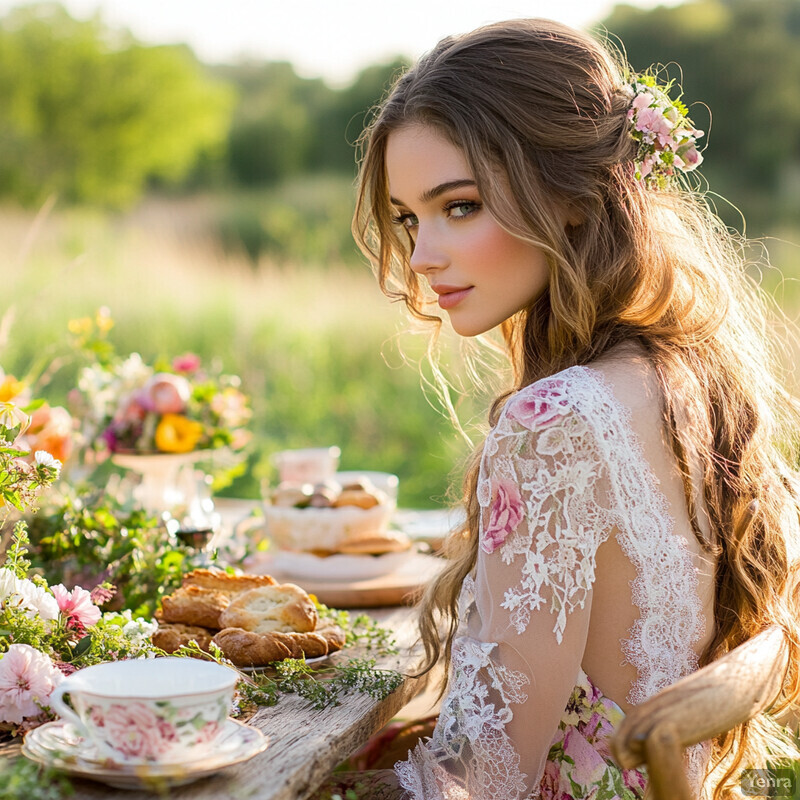 A young woman sits at a wooden table surrounded by pastries, flowers, and tea cups in an outdoor meadow or field.