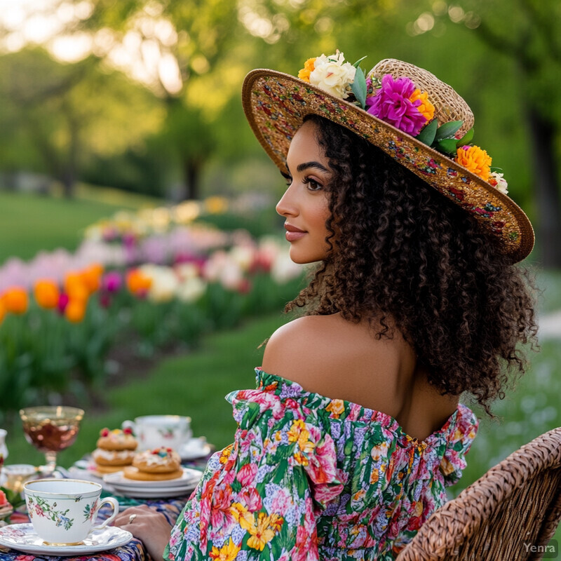 A woman enjoys tea in an outdoor setting surrounded by Spring Awakening-inspired decor.