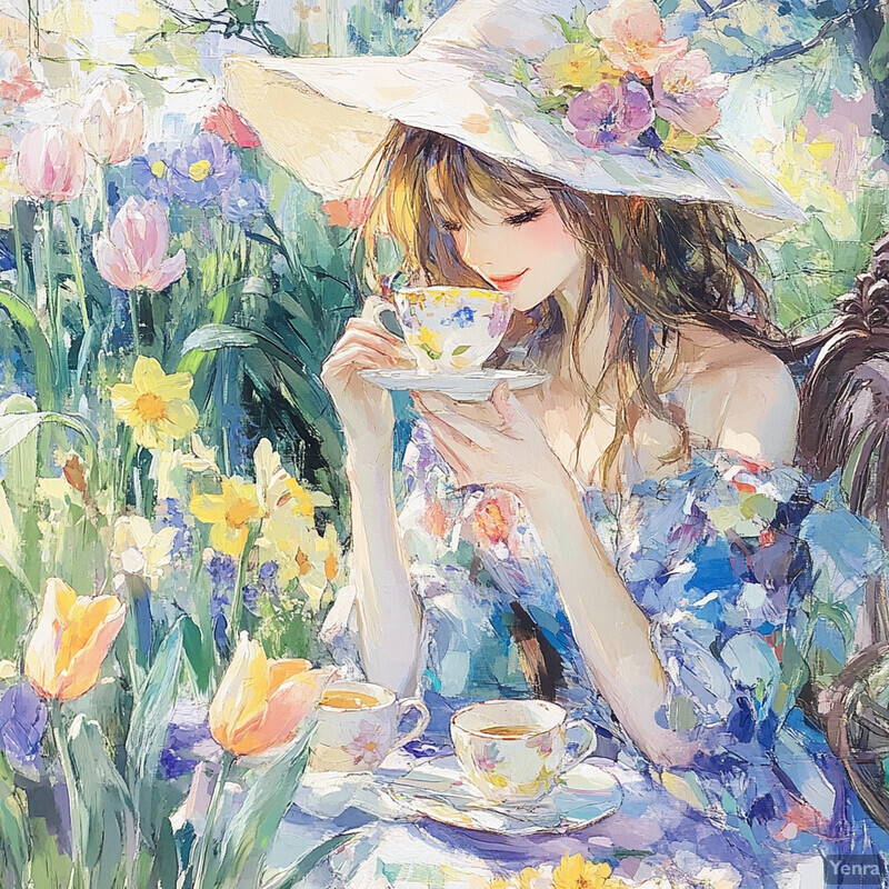 A woman enjoys tea in a lush garden setting