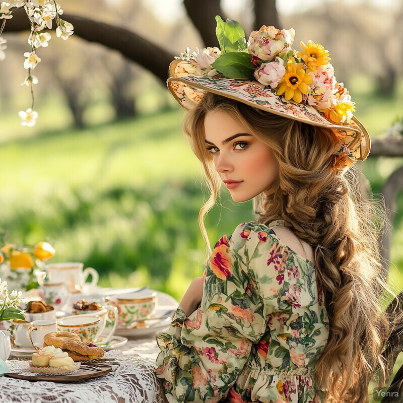 A serene outdoor setting with a woman enjoying tea and pastries at a beautifully set table.