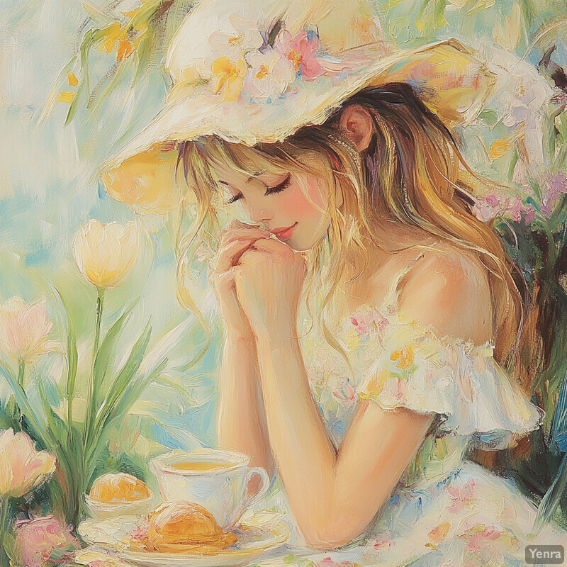 A young woman enjoys tea in a lush garden setting, surrounded by vibrant flowers and greenery.