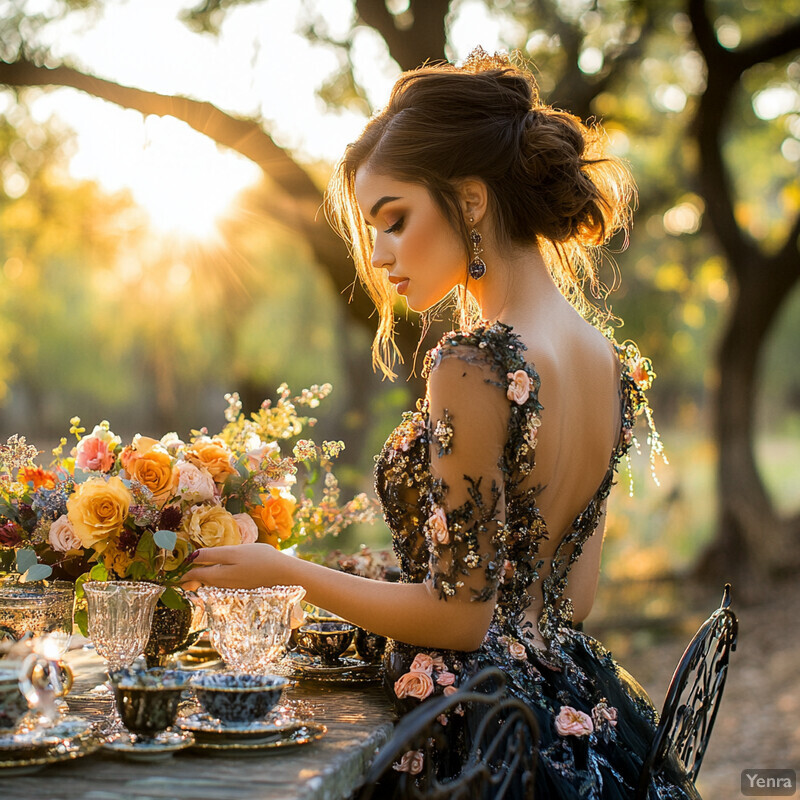 A woman in a black dress surrounded by trees in an outdoor setting