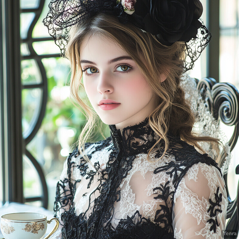 A young woman dressed in Victorian attire sits at a table with a teacup and saucer, surrounded by natural light and intricate wrought ironwork.