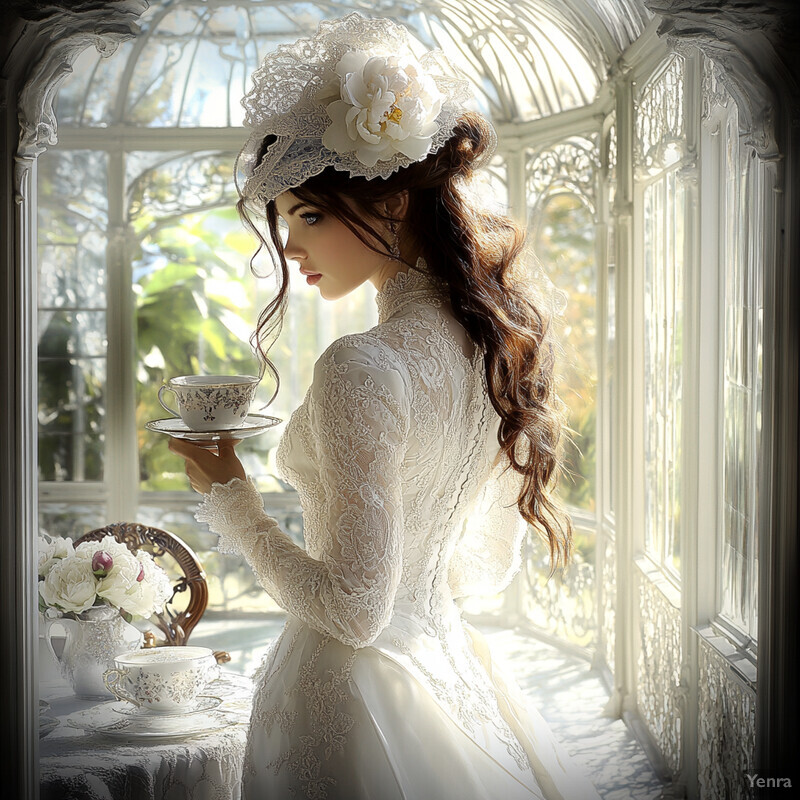 A woman in Victorian attire stands in front of a window with a lace curtain, holding teacups and saucers.