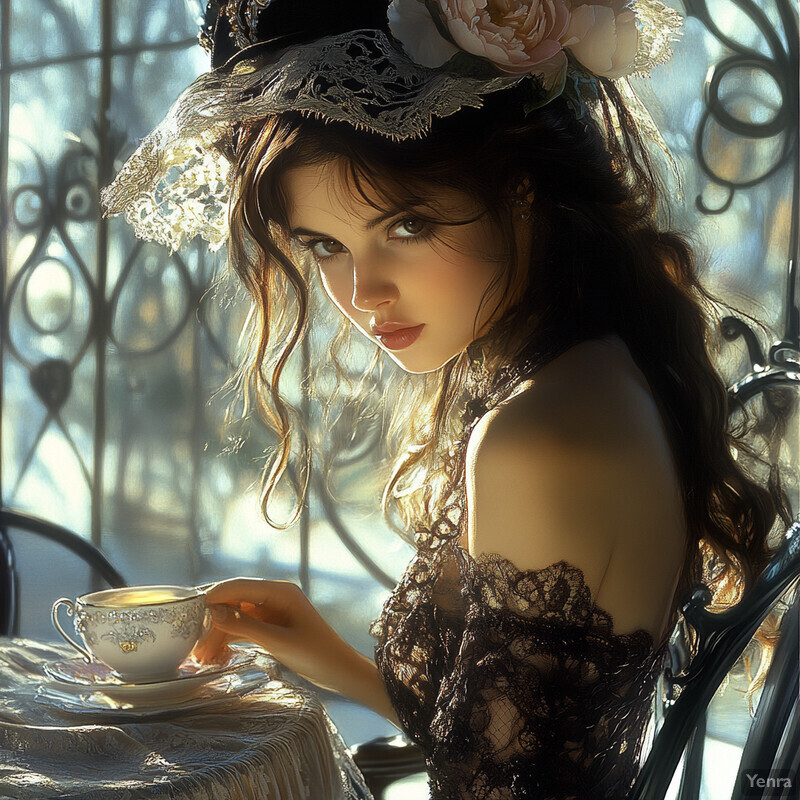 A woman sits at a table, dressed in Victorian attire, holding a teacup and surrounded by elegance.