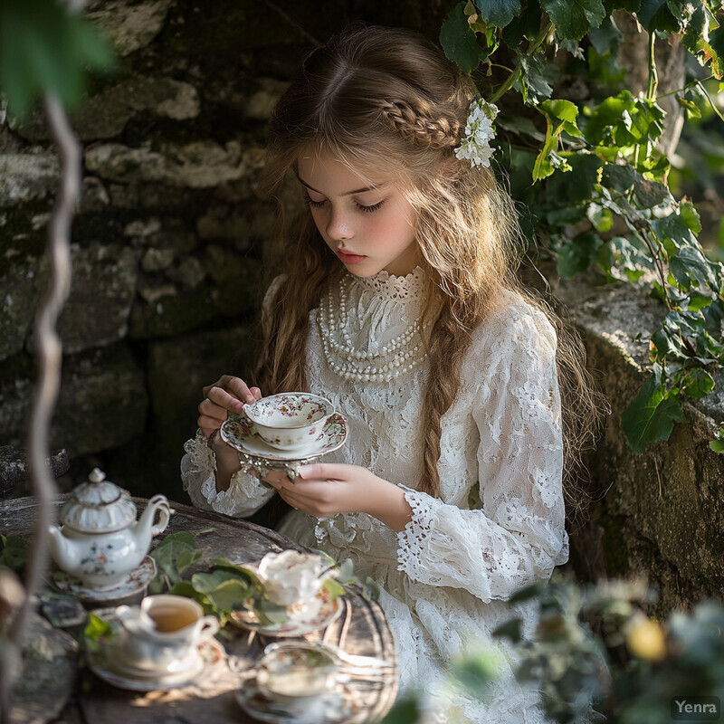 A young girl enjoys tea at an outdoor table surrounded by vintage china